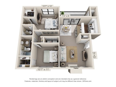 a 3d floor plan of a 3 bedroom apartment